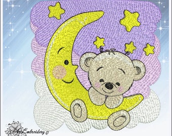 Moon Teddy - Machine Embroidery Design of a series "Old Toy" in two sizes for hoop 4x4" and 5x7" for a Babies and Children