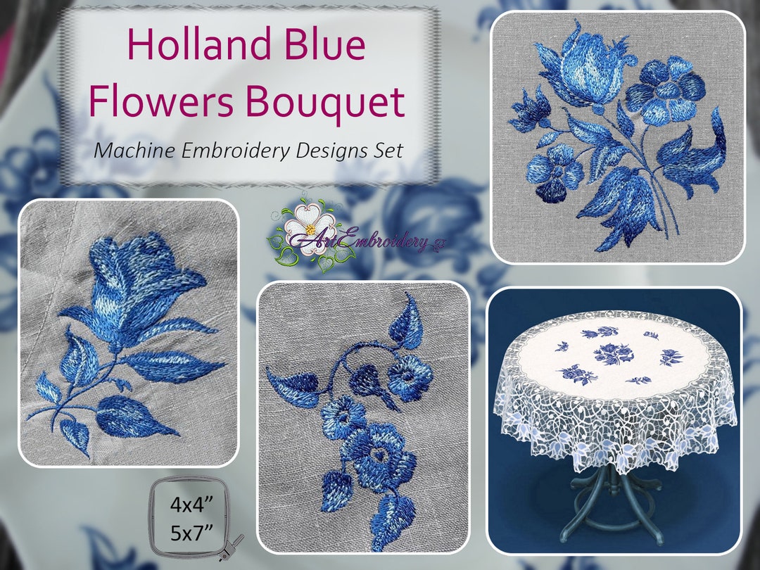 Holland Blue Flowers Bouquet Machine Embroidery Designs Set in 2 Sizes ...