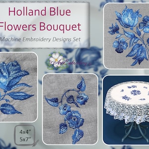 Puede incluir: Un conjunto de diseños de bordado a máquina que presentan un ramo de flores azules, una sola flor azul y un diseño de flores azules en un mantel. Los diseños están disponibles en dos tamaños: 4x4 pulgadas y 5x7 pulgadas.