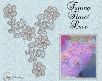 May include: A detailed, silver-coloured tatting floral lace design with pearl accents. The design features flowers and leaves, with the text "Tatting Floral Lace" in elegant script. A smaller image shows a pink and purple lace detail.