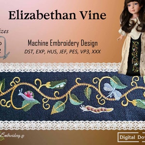 Elizabethan Vine - Machine Embroidery Flora and Fauna Border Design in 3 sizes, assembled and split into 2 parts, for hoop up to 8x12"