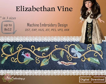 Elizabethan Vine - Machine Embroidery Flora and Fauna Border Design in 3 sizes, assembled and split into 2 parts, for hoop up to 8x12"