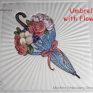 以下が含まれることがあります： 青い傘とピンク、赤、白、紫の花のブーケが特徴の機械刺繍デザインセット。デザインは、最大8x12インチのさまざまなサイズでご利用いただけます。