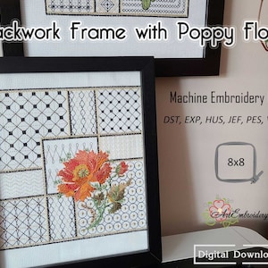 Blackwork Frame with Poppy Flower - Machine Embroidery Design in the needle painting embroidery technique for hoop 8x8&quot;