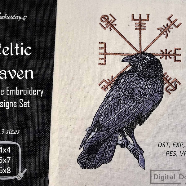 Diseño de bordado de cuervo celta: Vegvisir vikingo, 4x4, 5x7, 6x8 (descarga digital)