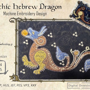 Mythic Hebrew Dragon – Machine Embroidery Beast Design in 2 sizes for hoop 4x4&quot;, 4x5&quot; from medieval illuminated manuscript bestiary.
