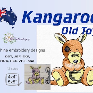 Può includere: Design di ricamo a macchina di un giocattolo di canguro marrone con una tasca gialla e una benda nera sull'occhio. Il design è disponibile in due dimensioni: 4x4 pollici e 5x5 pollici.