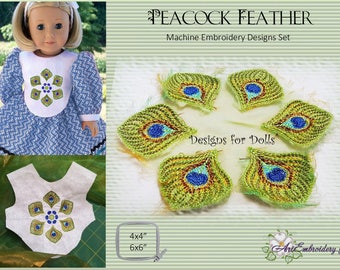 Peacock Feather of the series "Designs for Dolls" - Machine Embroidery Designs Set of 6 designs  for hoops 4x4" + two doll stomacher - 6x6"