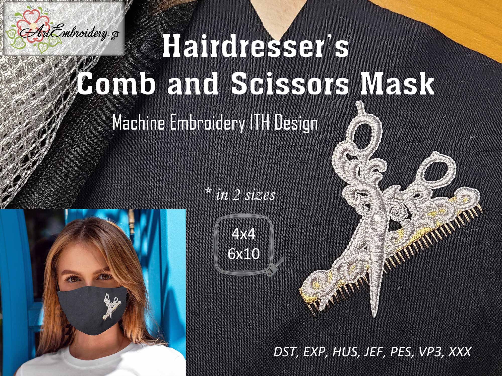 M and L Hairdressers Tools Mask and Single Design in two sizes for hoop 4x4 and 6x10. in the hoop Machine embroidery Face Mask ITH