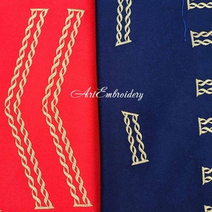 May include: Two fabric swatches with gold embroidery. The left swatch is red with three vertical rows of gold rope-like designs. The right swatch is navy blue with a repeating pattern of gold rope-like designs.