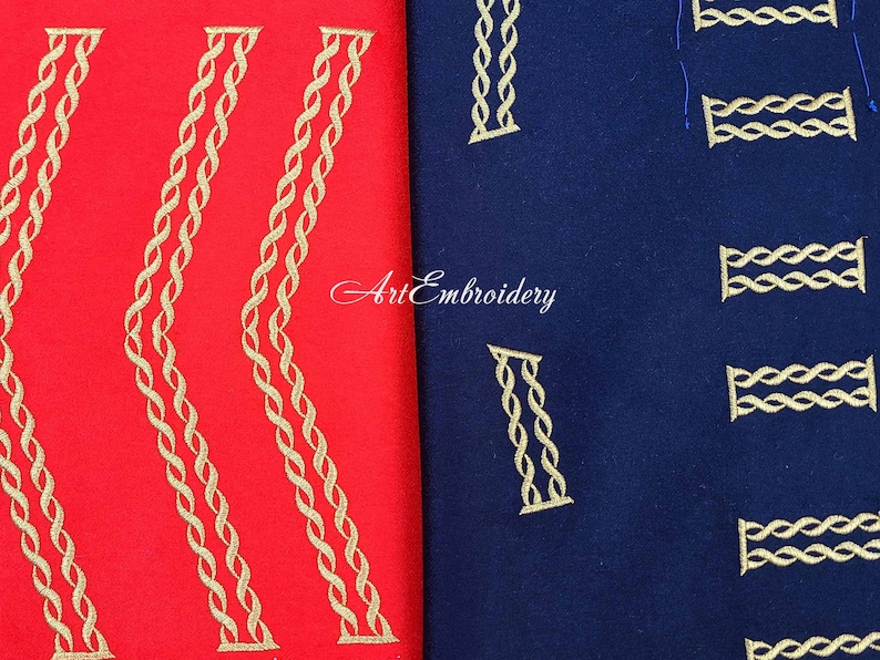 May include: Two fabric swatches with gold embroidery. The left swatch is red with three vertical rows of gold rope-like designs. The right swatch is navy blue with a repeating pattern of gold rope-like designs.