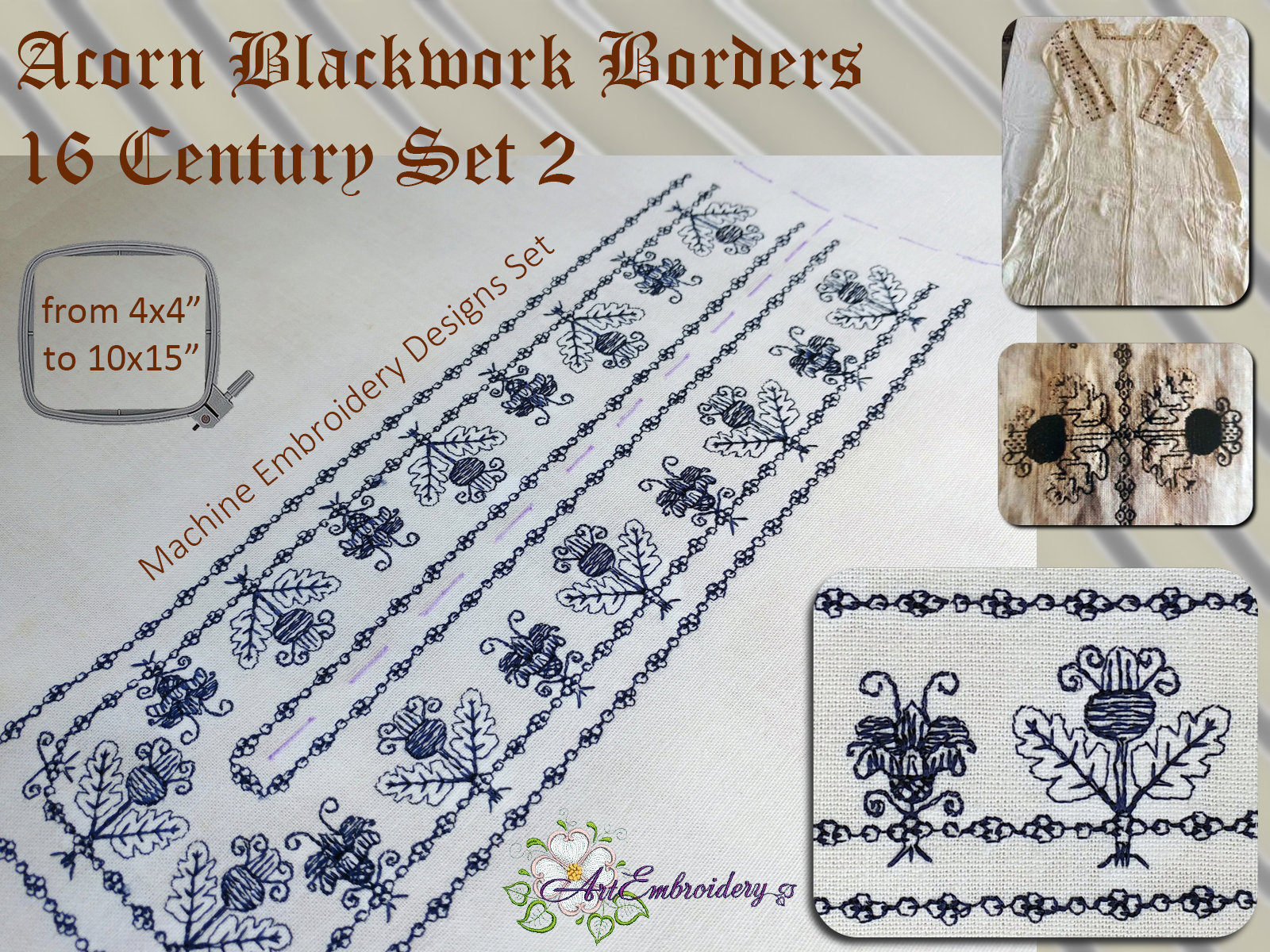 Acorn Blackwork Embroidery Borders: 16th Century Design (4x4 to