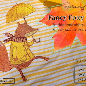 Puede incluir: Diseño de bordado a máquina de un zorro con un impermeable amarillo y una bufanda marrón, sosteniendo un paraguas. El zorro camina y tiene una expresión feliz. El diseño está disponible en tres tamaños: 5x7, 6x8 y 6x10 pulgadas. El diseño está en una tela a rayas amarilla y blanca.