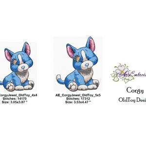 May include: Two embroidered designs of a blue and white corgi puppy with a patch over one eye. The designs are available in two sizes: 3.05x3.87 inches and 3.53x4.47 inches. The text "Art Embroidery &" and "Corgy OldToy Design" is also included in the image.