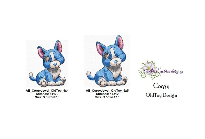May include: Two embroidered designs of a blue and white corgi puppy with a patch over one eye. The designs are available in two sizes: 3.05x3.87 inches and 3.53x4.47 inches. The text "Art Embroidery &" and "Corgy OldToy Design" is also included in the image.