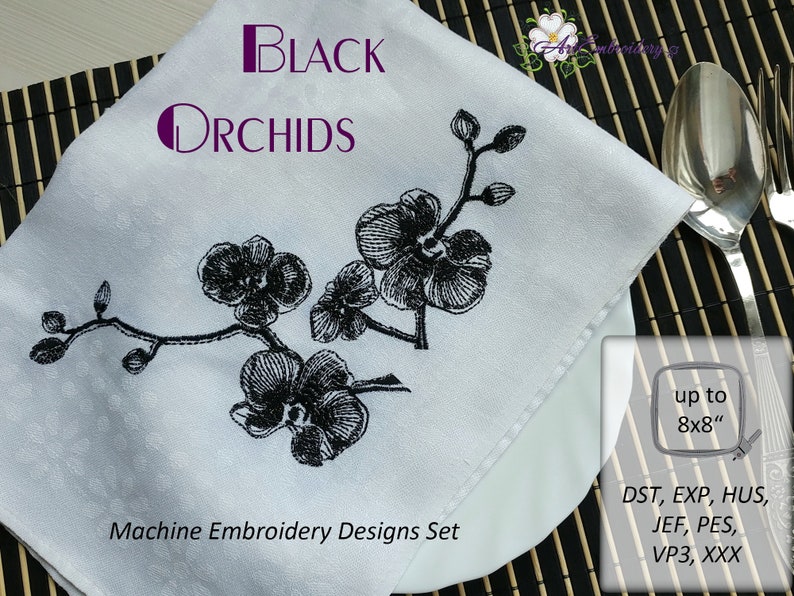 Machine Embroidery Designs Set mix sized for hoop up to 8x8 Black Orchids