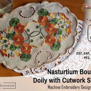 Nasturtium Bouquet Doily: Cutwork Machine Embroidery Design (ITH) (Digital Download)