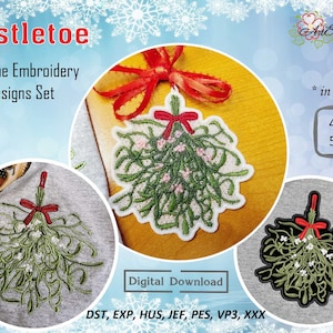Borduurontwerpen maretak: kerstbes, FSL-patch (digitale download)
