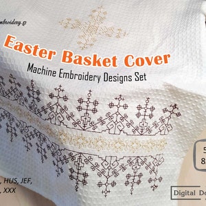 Puede incluir: Una tela blanca con un diseño de bordado marrón de una cesta con un patrón floral. El texto "Easter Basket Cover" y "Machine Embroidery Designs Set" está impreso en la tela. El texto "DST, EXP, HUS, JEF, PES, VP3, XXX" está impreso debajo del diseño. El texto "5x7 8x12" está impreso en un cuadro en la esquina superior derecha de la imagen. El texto "Digital Download" está impreso en la esquina inferior derecha de la imagen.