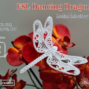 May include: White FSL embroidery design of a dragonfly, in two sizes, 4x4 and 4x5 inches, on a red orchid background. The design is available in DST, EXP, HUS, JEF, PES, VP3, and XXX formats. Digital download.