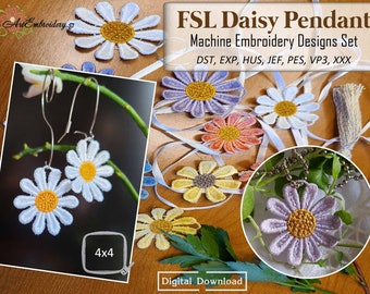 May include: A set of machine embroidery designs for a daisy pendant. The designs are in various colors, including white, purple, yellow, and orange. The designs are 4x4 inches and are available in the following formats: DST, EXP, HUS, JEF, PES, VP3, and XXX.