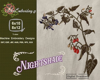 Nightshade Machine Embroidery Design: Botanical Flowers (6x10, 7x10, 8x11" Hoop) (Digital File)