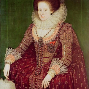 May include: A portrait painting of a woman wearing a red dress with gold embroidery and a white lace collar. She has a pearl necklace and a pearl earring. The background is a dark green.