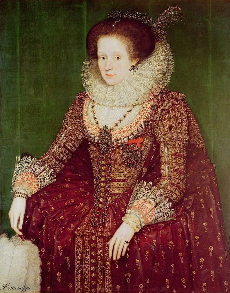 May include: A portrait painting of a woman wearing a red dress with gold embroidery and a white lace collar. She has a pearl necklace and a pearl earring. The background is a dark green.