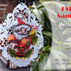 May include: A blue and white free-standing lace embroidery design featuring Santa Claus holding a bag of gifts. The design is 5x7 inches or 6x8 inches and is available in DST, EXP, HUS, JEF, PES, VIP, VP3, and XXX formats.