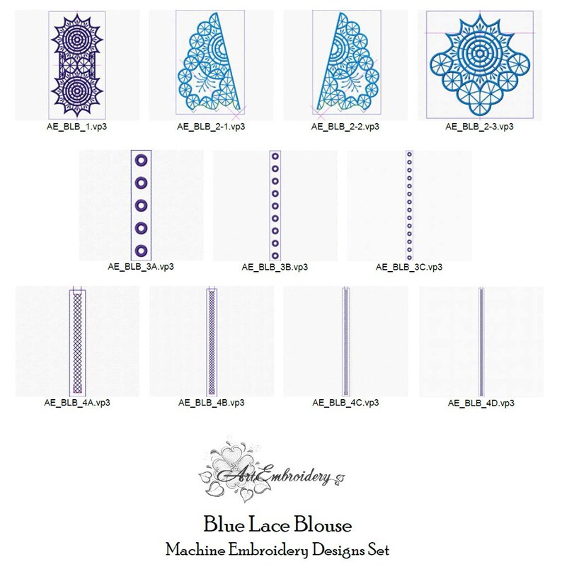 Cutwork Machine Embroidery Designs Set for Hoop 180x300 mm with Step-by step Cutwork Instruction Blue Lace Blouse