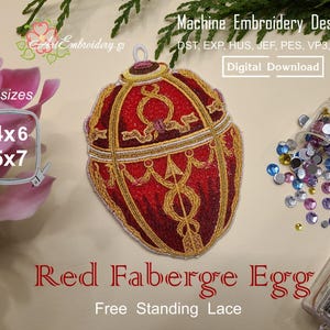 Huevo Fabergé rojo de FSL: exquisitos diseños de bordado a máquina en técnica de encaje independiente para decoración de Pascua en 2 tamaños para aros de 4 x 6 y 5 x 7 pulgadas