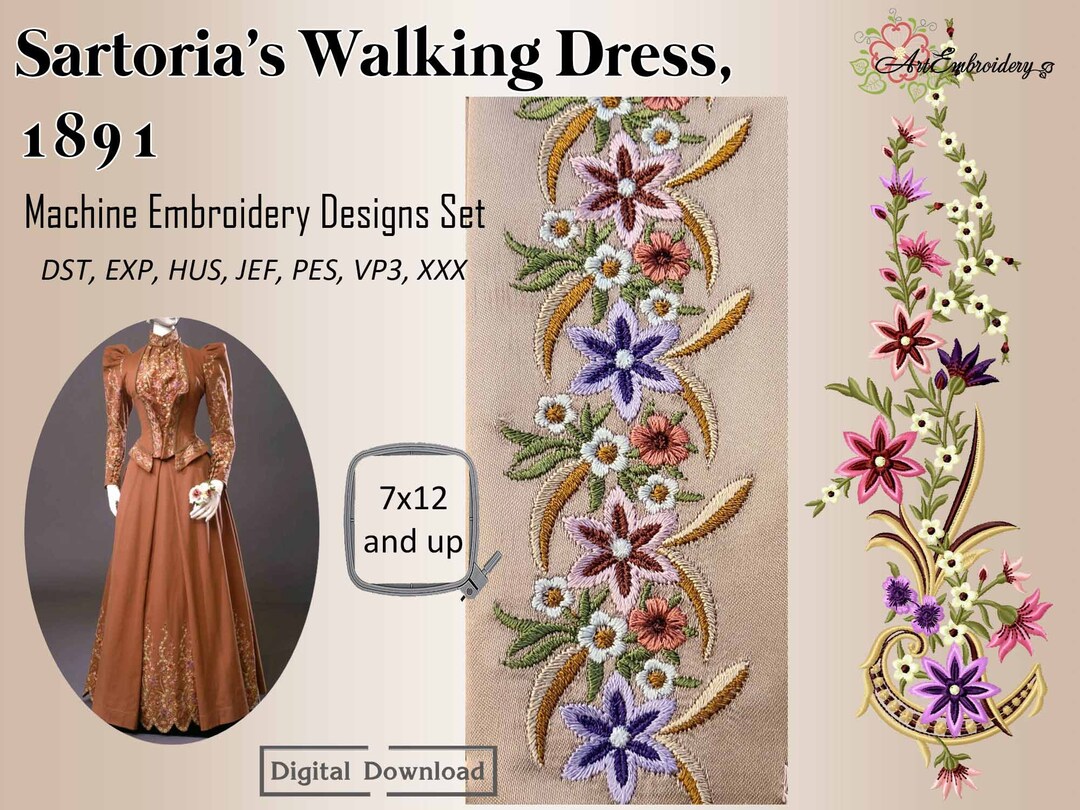【新作】leaf embroidery back design dress Sartoria's Walking Dress, 1891 - Machine Embroidery Designs Set