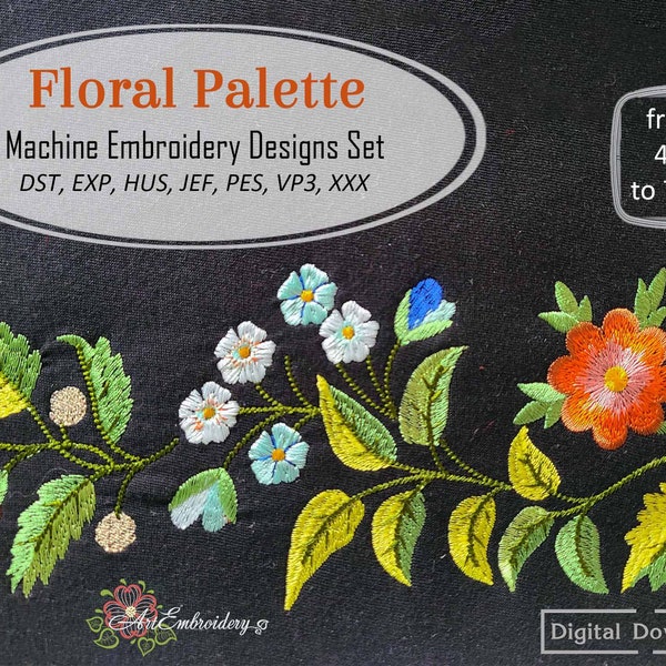 Floral Palette - Machine Embroidery Stylized Flowers Designs Set of mix  size  designs  for  hoop from 4x4" and  up to 7x12"