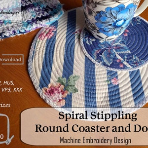 May include: A machine embroidery design for a spiral stippling round coaster and doily. The design features a blue and white striped pattern with floral accents. The design is available in three sizes: 6x6, 8x8, and 10x10 inches.  Digital Download. DST, EXP, HUS, JEF, PES, VP3, XXX.