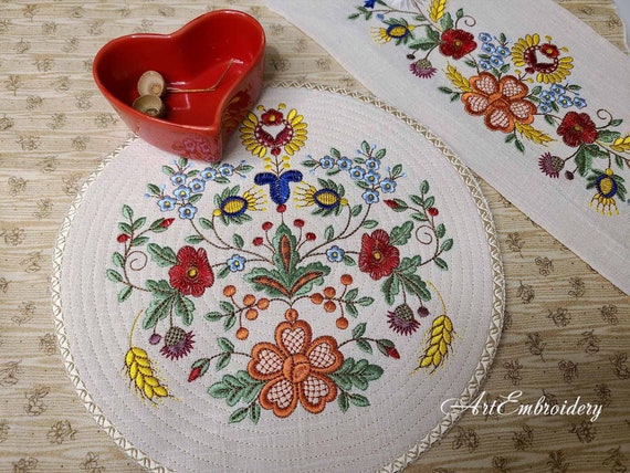 Kociewski Floral Round Doily: Machine Embroidery Design (8x8 and