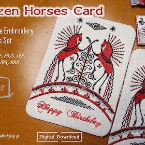 Mezen Horses Card - machineborduurwerk ITH-projectontwerpen set voor borduurring 5 x 7" voor kerst, verjaardag of ander evenement