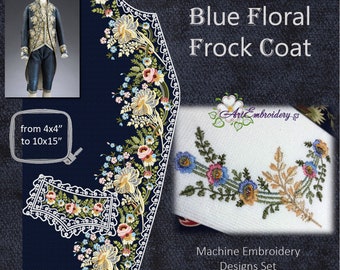 Blauer Blumen Gehrock 1775–1780 -Maschinenstickerei Stickmuster Set von historischen englischen Herrenanzügen aus dem 18ten Jahrhundert für Rahmen 20x30cm