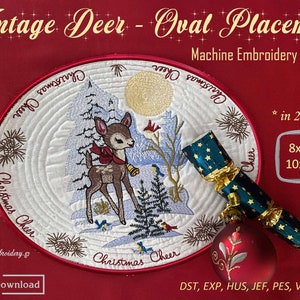 May include: A white oval placemat with a red border featuring a vintage deer design with a red bow and a Christmas scene. The placemat has the text "Christmas Cheer" on the border. The placemat is available in two sizes: 8x11 inches and 10x12 inches. The image also shows a red Christmas ornament and a Christmas cracker.