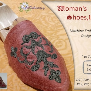 Puede incluir: Diseño de bordado a máquina para zapatos, llamado "Woman's Shoes, 1740". El diseño presenta un patrón floral negro sobre un fondo rojo. El diseño está disponible en dos tamaños: 4x4 pulgadas y 5x5 pulgadas. El diseño está disponible en los siguientes formatos: DST, EXP, HUS, JEF, PES, VIP, VP3 y XXX.