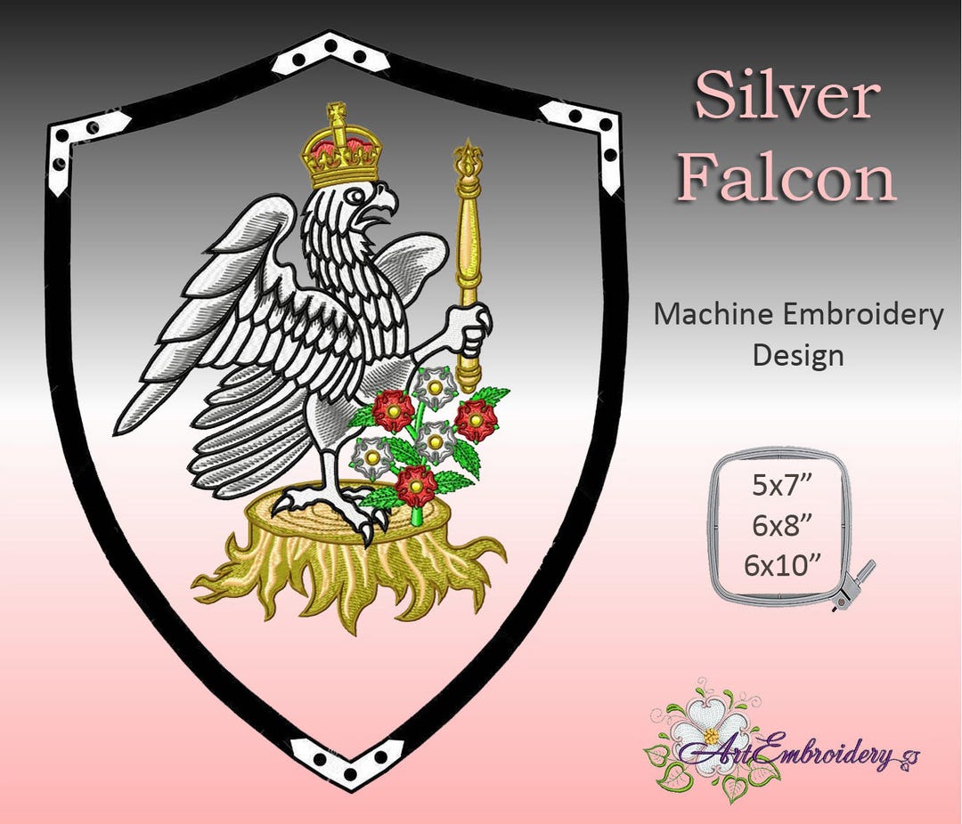 Silverlised Falcon Emblem Silver Falcon Embroidery Design: Tudor Royal Badge (5x7, 6x8, 6x10 Hoop ...