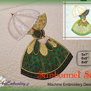 May include: Machine embroidery design of a girl in a green and gold dress holding a white parasol. The design is available in 5x7, 6x8, and 8x8 inch hoop sizes.  The text "Sunbonnet Sue" is displayed below the design.