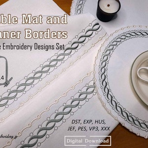 Puede incluir: Diseños de bordado a máquina para manteles individuales y caminos de mesa. Los diseños presentan un patrón de borde trenzado gris y blanco. Los diseños están disponibles en tamaños de 4x4 pulgadas a 14x14 pulgadas. La imagen muestra un conjunto de manteles individuales y un camino de mesa con el diseño de bordado.