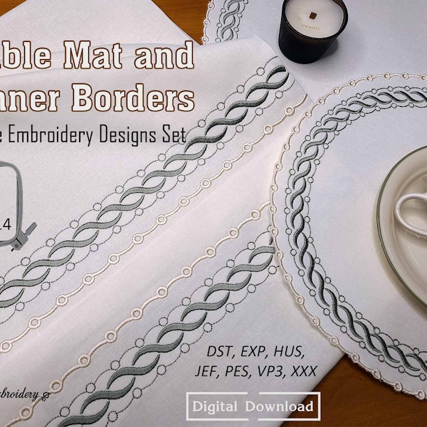 Table Round Mat and Strait Runner Rope Borders – Machine Embroidery ITH Project Set, assembled  and  split designs for hoop 4x4 up to 14x14