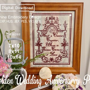 May include: A framed embroidery design with a gold frame and a white background. The embroidery is in red and features a floral design with the text "Half a Century Together, Woven in Golden Threads of Love". The embroidery is available in four sizes: 7x10, 8x11, 10x14 inches.