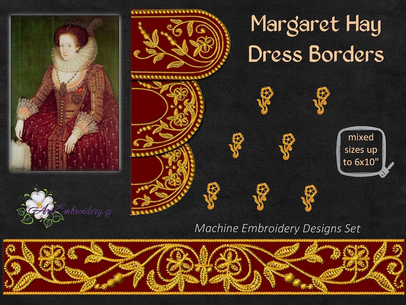 May include: A set of machine embroidery designs featuring gold and red floral borders. The designs are inspired by the dress of Margaret Hay, a historical figure. The set includes various sizes up to 6x10 inches.