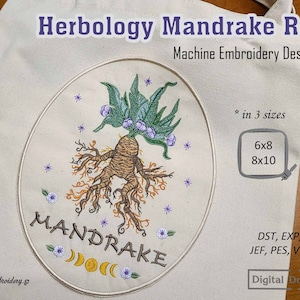 Può includere: Design di ricamo a macchina di una radice di mandragola con foglie verdi e un sistema di radici marrone. Il design include il testo "Mandrake" e tre lune crescenti. Il design è disponibile in tre dimensioni: 6x8 e 8x10 pollici. Il design è disponibile nei seguenti formati: DST, EXP, HUS, JEF, PES, VP3 e XXX.