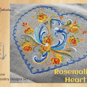 Rosemaling Heart Machine Embroidery Design for hoop 8x8" and split for hoops 5x7" and 6x8"