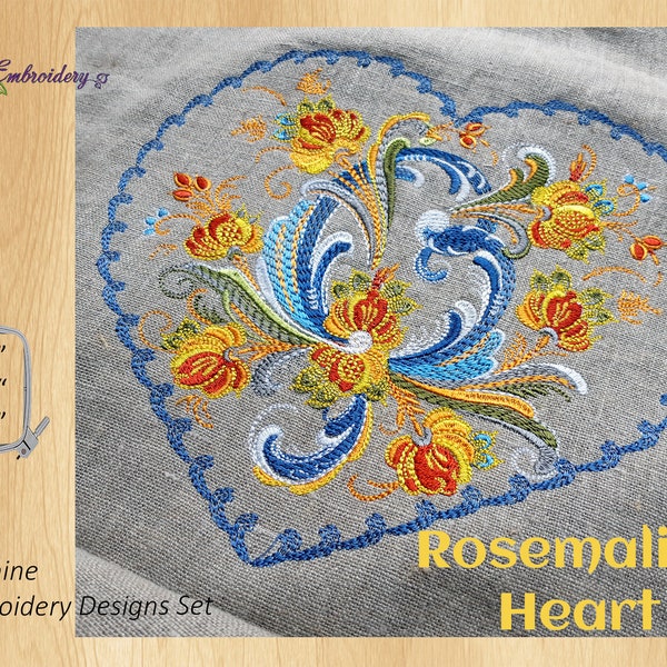 Rosemaling Heart Machine Embroidery Design for hoop 8x8" and split for hoops 5x7" and 6x8"