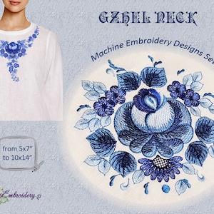 Gzhel Neck  - Assembled and Split Neck Floral Decor for hoop 8x12&quot; with a Single Blue Rose Flowers motif - Machine Embroidery Designs Set