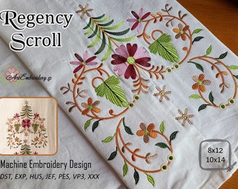 Regency Scroll Machine Embroidery Design: Floral Embellishment (10x14, 8x12 Hoop)